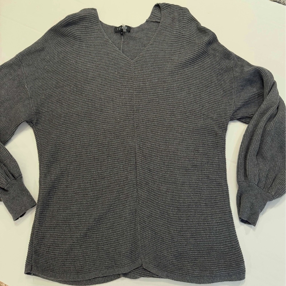1. STATE Womens Sweater Gray Ribbed Bishop Sleeve Heather V-Neck  Small